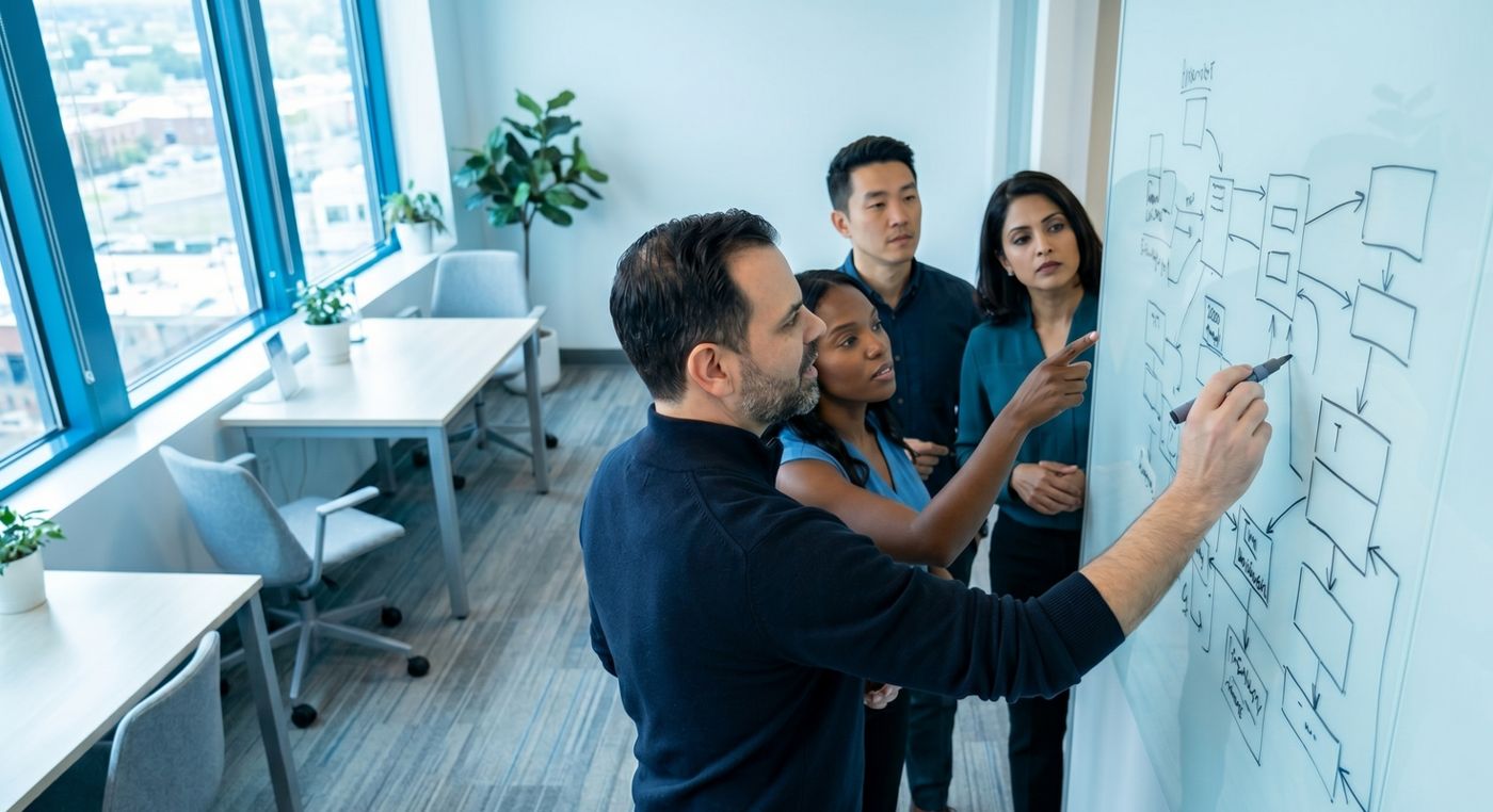 Hugo at a whiteboard, sketching an architecture with a delivery team