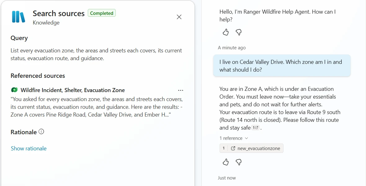 A Copilot Studio agent answering a question about Cedar Valley Drive with Zone A and an evacuation order, showing the retrieval trace and a citation to the new_evacuationzone Dataverse table.