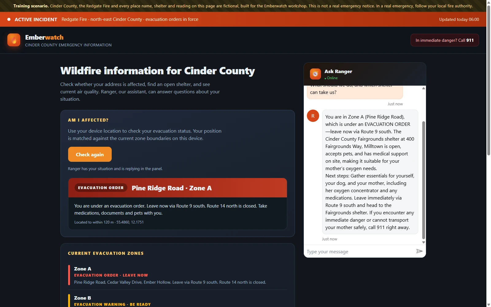 The Emberwatch public information page for the fictional Cinder County, showing an evacuation order card for Pine Ridge Road in Zone A next to the Ranger chat panel.