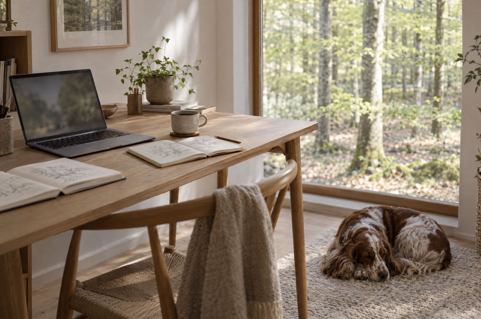 A tidy home office by a window onto a beech forest, a cocker spaniel asleep on the rug