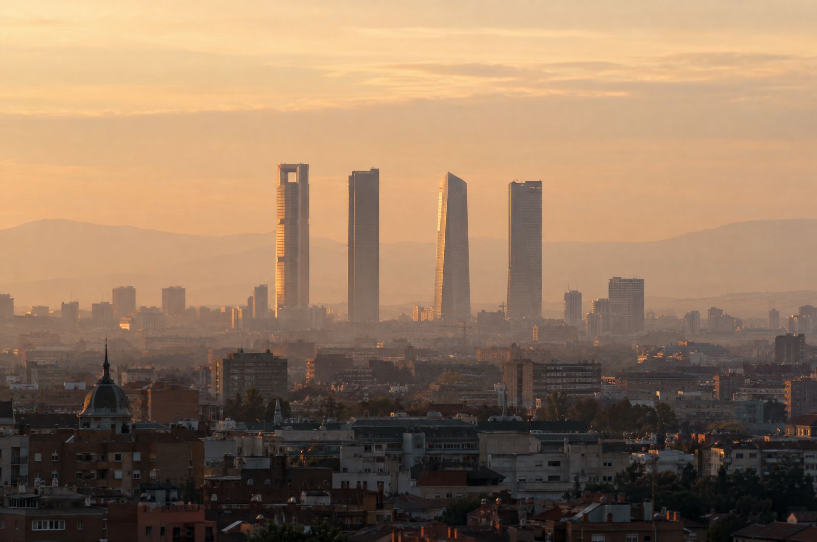 Madrid's business district skyline at golden hour